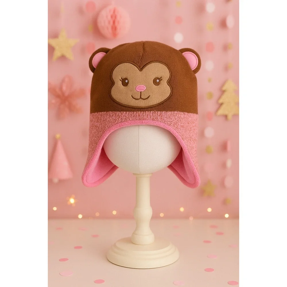 Healthtex Toddler Knit Fleece Hat 2T–5T | Brown Pink Monkey Face Ear Flap Beanie